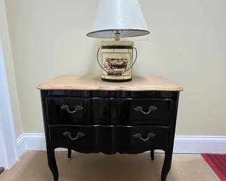 black lacquered commode / chest with bleached wood top - cow tin lamp