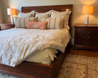 Henredon aged cherry king sleigh bed, custom linens with down pillow inserts, 3 drawer bedside chests