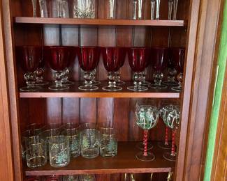 cranberry glass goblets, Spode double old fashioned glasses, Lenox crystal