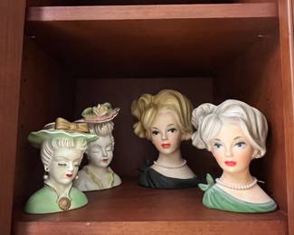 vintage lady head vases, pin holders - Lefton +