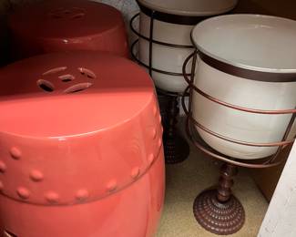 coral ceramic garden stools, metal and enamel urns or candle hurricanes