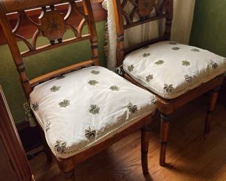 Pair Sarreid cane seat chairs with custom silk and down cushions 