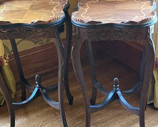 pair antique carved marquetry side tables