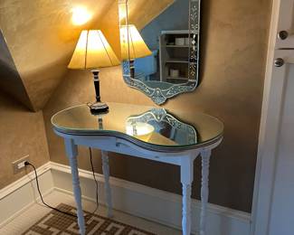 white kidney shaped vintage vanity desk plus Venetian style mirror