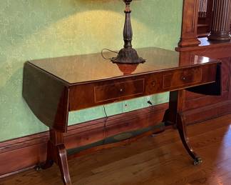 gorgeous Regency antique drop leaf sofa table or sideboard / server and leaded glass lamp