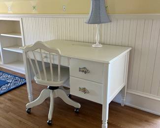 white PB kids desk and chair