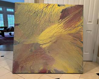 Joan Brownstein
NOT part of the McKinsey collection 
Original Mixed media painting on canvas stretched on a wood box frame, 55” X 55”, by Joan Brownstein, “Sunburst Dive”
55” X 55” on canvas on a wooden box frame, wired to hang
Mixed media painting using the artist’s poured technique (acrylic, pastel, and possibly other mediums)
Donated by the very generous niece of the late artist
Our price: $145