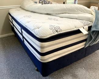 Lightly used queen bed includes mattress, box springs, and very solid frame.  Mattress pad, 1 set of 100% cotton sheets and blue velour blanket come with