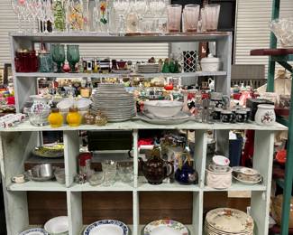 Correlle ware, wine glasses, plates, glasses, etc