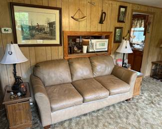 leather sofa, deer lamps, end tables