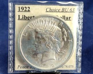 1922 Choice BU 63 Peace Dollar Coin
