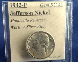 1942 P Gem BU 65 Jefferson War Nickel Coin