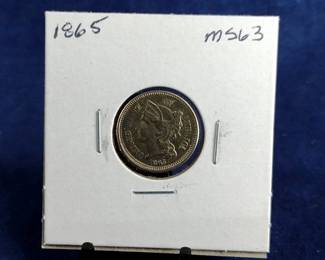 1865 MS63 Three Cent Nickel Piece Coin