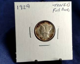 1929 Toned Full Bands Mercury Dime Coin