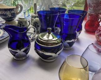 Farber Bros Cobalt Blue Glass Silver Plated Overlay Creamer & Sugar Bowl / glasses