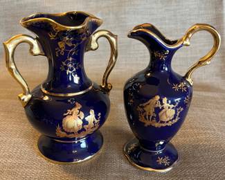 Limoges cobalt blue and gold porcelain vase and pitcher