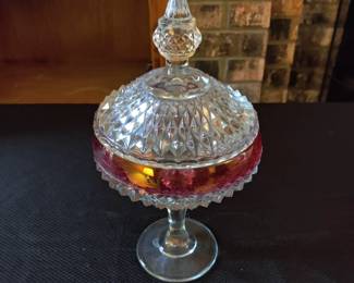 Pedestal 12" Compote Ruby Red Diamond Point Indiana Glass w Lid