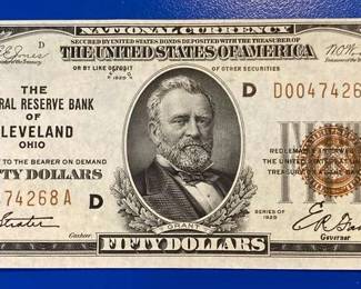 02 1929 Bank Note $50 Bill Gold Seal