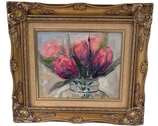 Five Lilac Tulips Original Oil on Canvas in Ornate Frame, Signed with COA by Taisiia Richards 