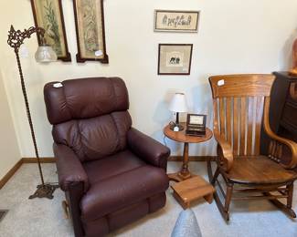 wood rocking chair, recliner, side table and framed art