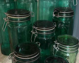 10 Dark Green Glass Canisters