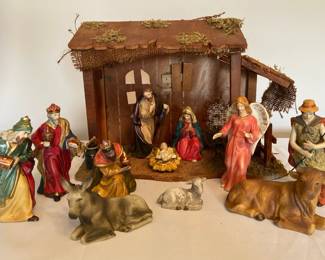 Nativity With Porcelain Figures and Wooden Structure 