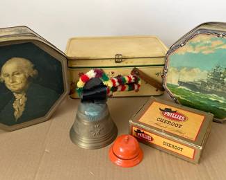LooseWiles Biscuit Co Tins, Golden Cookie Tin, Vntg Swiss Bronze Cow Bell,Vntg Desk Bell,Cigar Box