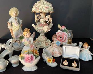 Lefton Floral Vase, Japanese Porcelain Figues, Musical Carrousel, Earrings Etc