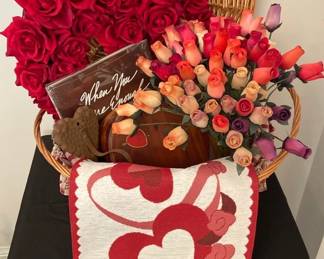 Love Picnic Basket Lot ,2 Runners, Heart Wreath, Paper Roses Vase, Valentine Box, Book, Heart Hanger