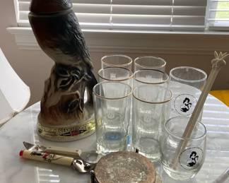 Playboy Cocktail Glasses Bird Bourbon Decanter Silver Coaster In Holder 2 Vintage Bottle openers