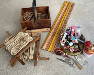 Wooden Clothes Pins in NJ Rivet Co Box, 2 Spools Rope Winders, 6 Advertising Yard Sticks, Sewing Kit