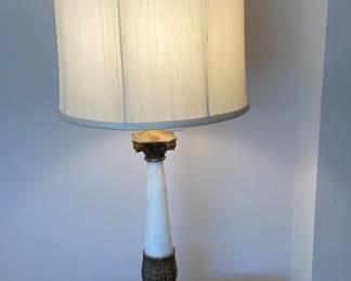 Vintage Marble Brass Column Lamp with Original Silk Shade
