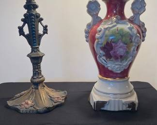 Vintage Cast Iron Table Lamp, Vintage Ulrich Hand Painted Porcelain Lamp