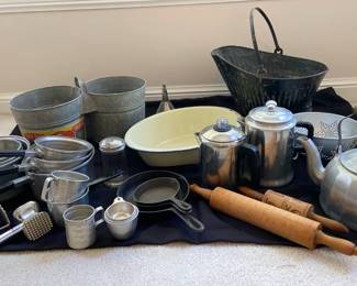 Vintage Aluminum Cookware, Percolators, Coal Bucket, Wheeling Twin Pail, Wash Basin, Cast Iron Etc..