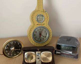 Novelty Windsor Guitar Clock Thermometer, Westclox Big Ben, Kensington Travel Clock, Screaming Eagle