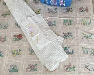 Hand Embroidered Machine Pieced Coverlet 59x68, Full Chenille Coverlet, Vintage Style Sheets 