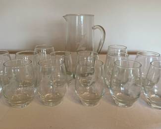 Etched Z Water Pitcher And 14 Etched Glassware 