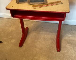 Vintage Red Metal School Desk with Laminate Top
