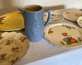 Salt Glazed Blue Stoneware Pitcher and Assortment Of Vintage Style Serving Plates