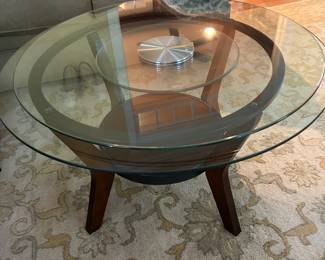 GLASS LAZY SUSAN ON TOP OF COFFEE TABLE 