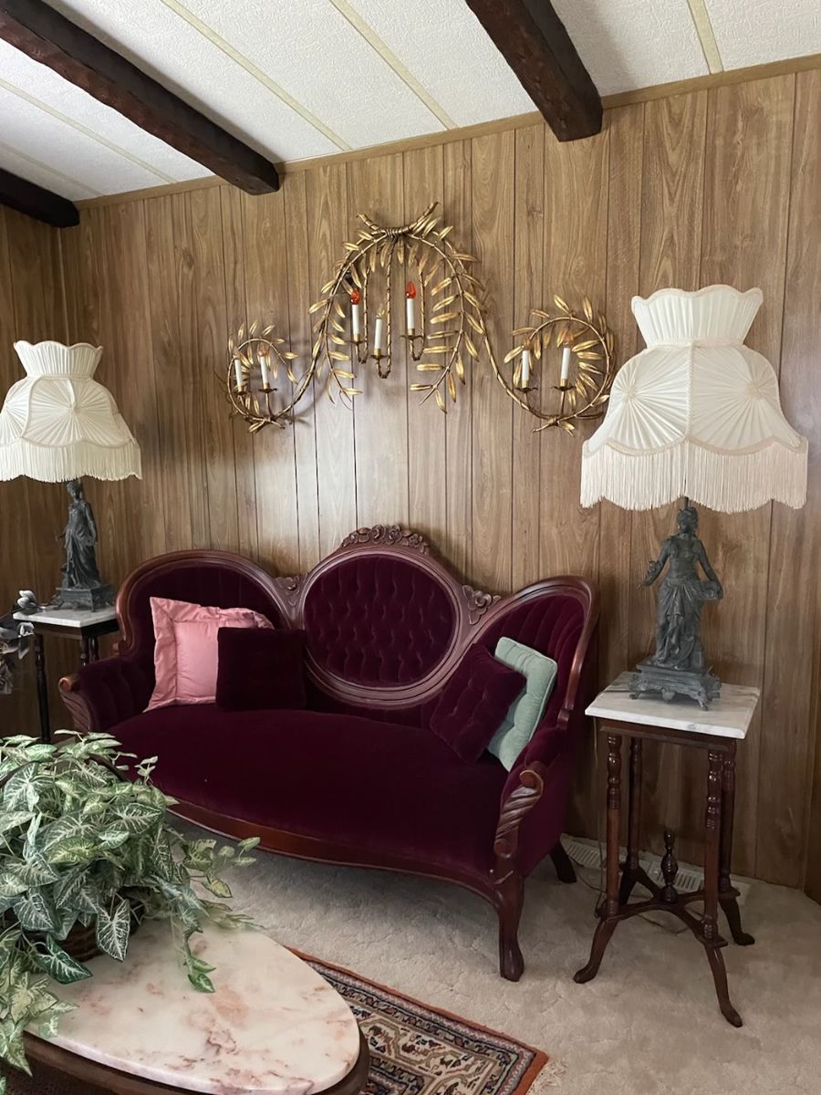Antique velvet sofa from Bret Harte Hotel in Grass Valley