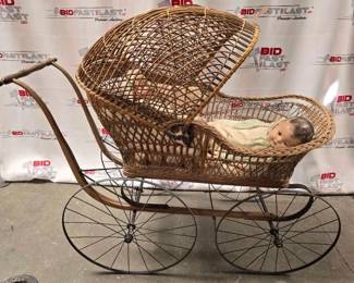 #2138 • Vintage Baby Carriage with (2) Porcelain Dolls
