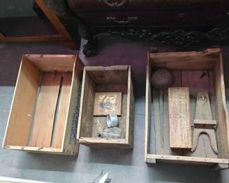 #2216 • (3) Wooden Crates, Boot Jack and Wood with Metal Horse Picture
