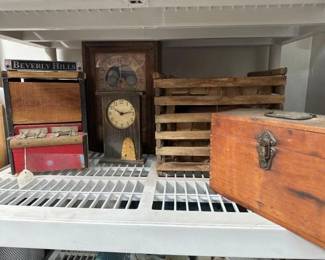 #2256 • Antique Egg Crate, (2) Clocks, Vintage Card Dispenser & Wooden Box
