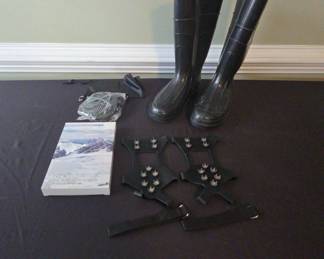 Womens Size 7 Rubber Boots And 3 Pairs Ice Cleats