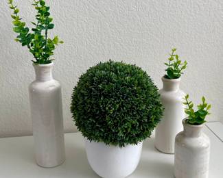 (4) Pottery Vases With Faux Greenery