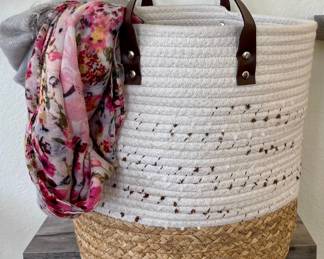 Cotton And Wicker Woven Basket With 2 Scarves