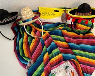 Multi Color Serape With Fringe Costume With 3 Small Sombreros 
