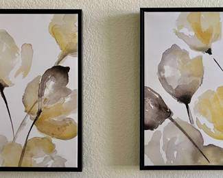 2 Canvas Black And Yellow Floral Prints With Black Wood Frames