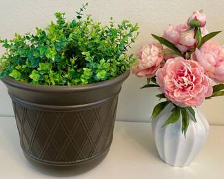White Ceramic Vase With Faux Peonies, Brown Plastic Planter With Faux Greenery